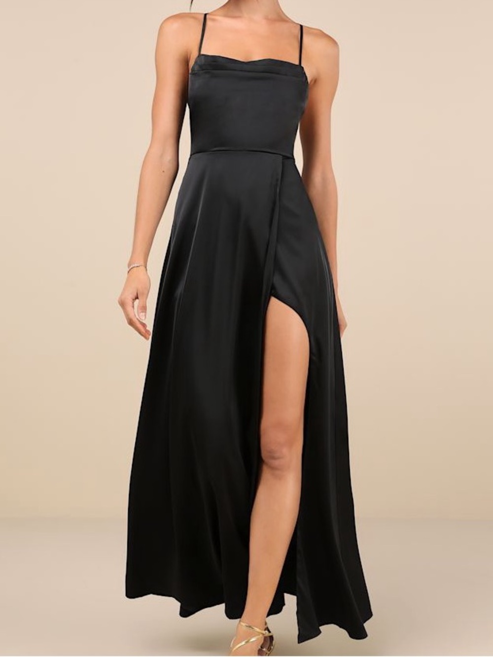 Lulu's Black Satin Cowl Neck Maxi Dress with High Slit